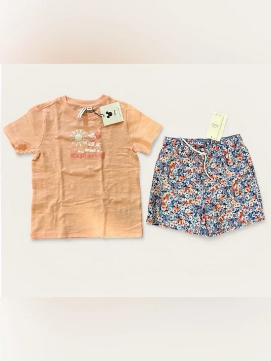 NWT- Janie and Jack Mickey T-Shirt and Floral Shorts Set - Picture 1 of 6